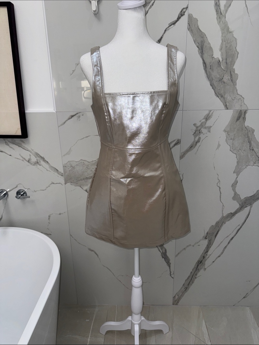 NWT Nasty Gal Metallic Taupe Faux Leather Square-Neck Mini Dress - Picture 3 of 11